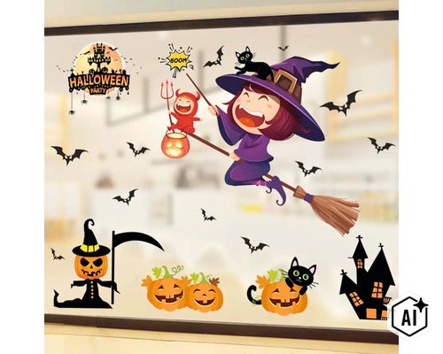 Halloweenská okenní nálepka s čarodějnicí na koštěti, dýněmi, kočkou a netopýry jako dekorativní samolepka pro oslavu. (Image AI modified or generated)