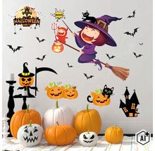 Halloween samolepka na zeď s čarodějnicí, dýněmi, kočkou a netopýry jako dekorativní prvek pro výzdobu stěn. (Image AI modified or generated)