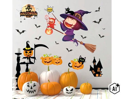 Halloween samolepka na zeď s čarodějnicí, dýněmi, kočkou a netopýry jako dekorativní prvek pro výzdobu stěn. (Image AI modified or generated)