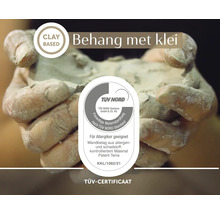 Ruce drží jíl pro hliněnou omítku s certifikátem TÜV NORD vhodným pro alergiky