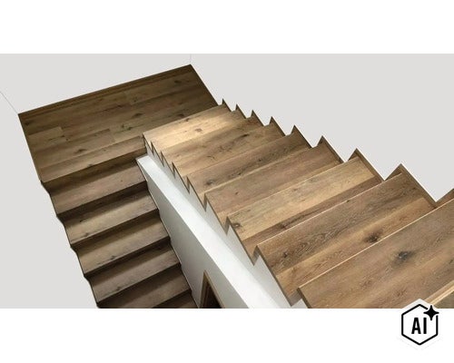 Obklad schodů laminátem se vzhledem dřeva na točitém schodišti v moderním interiéru. (Image AI modified or generated)
