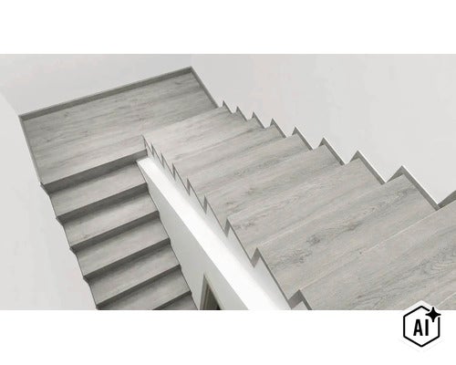 Schodišťové stupně s moderním vzhledem dřeva v minimalisticky navrženém schodišti. (Image AI modified or generated)