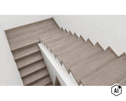 Obklad schodů z laminátu v dekoru dřeva pro renovaci vnitřních schodišť v moderním stylu. (Image AI modified or generated)