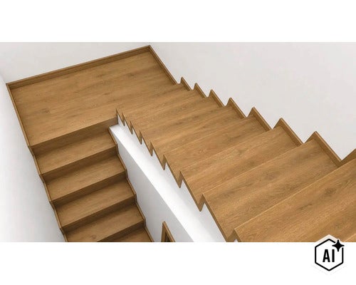 Obložení schodů laminátem se vzhledem dřeva na schodišti do tvaru L s mezipodestou a obložením stěn. (Image AI modified or generated)