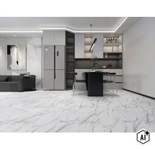Moderní kuchyně s dlažbou s mramorovým efektem, chladničkou Haier a minimalistickým jídelním koutem ve světlém a otevřeném obytném prostoru. (Image AI modified or generated)