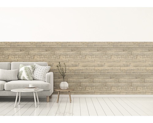 Stěnový obklad PVC Ceramics ShabbyWood KR 67,5x400 cm Obývací pokoj s dřevěnými obkladovými panely, pohovkou a odkládacími stolky