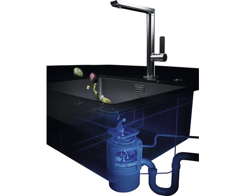 Dřez s drtičem kuchyňského odpadu a vodovodní baterií