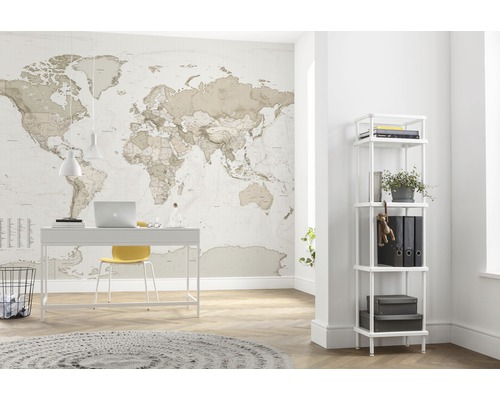 Pracovna se stolem, regálem a mapou světa na zdi