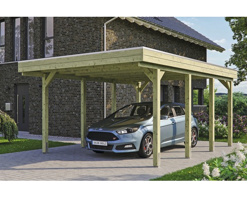 Přístřešek na auto SKAN HOLZ Friesland 397 x 555 cm impregnovaný vč. EPDM fólie Dřevěný přístřešek pro auto s autem před domem