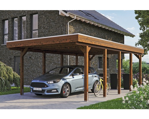 Přístřešek na auto SKAN HOLZ Friesland 397 x 708 cm ořech vč. EPDM fólie Dřevěný přístřešek pro auto s autem a kolem před domem