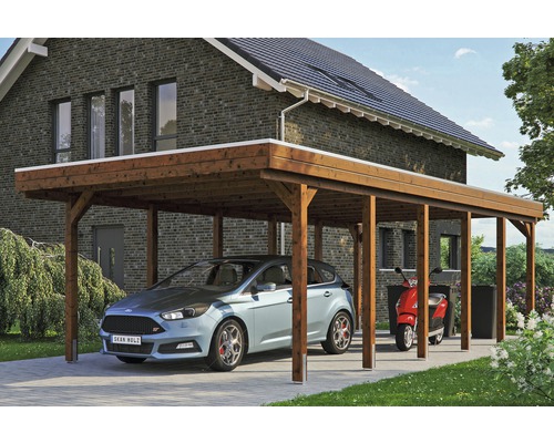 Přístřešek na auto SKAN HOLZ Friesland 397 x 860 cm ořech vč. EPDM fólie Dřevěný přístřešek pro auto s autem a skútrem před domem