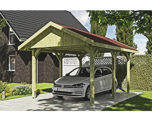 Přístřešek na auto SKAN HOLZ Wallgau 380 x 500 cm impregnovaný vč. šindelů Dřevěný přístřešek pro auto s červenou střechou a autem