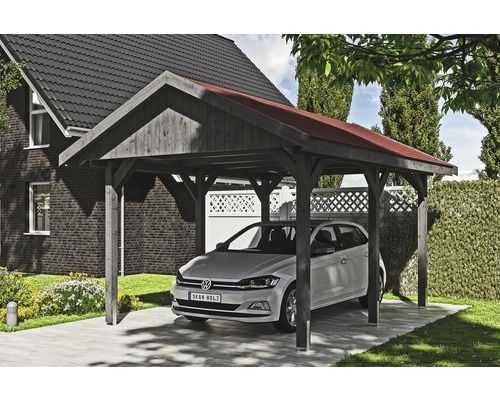 Přístřešek na auto SKAN HOLZ Wallgau 380 x 500 cm břidlicově šedý vč. šindelů Dřevěný přístřešek pro auto s autem na pozemku