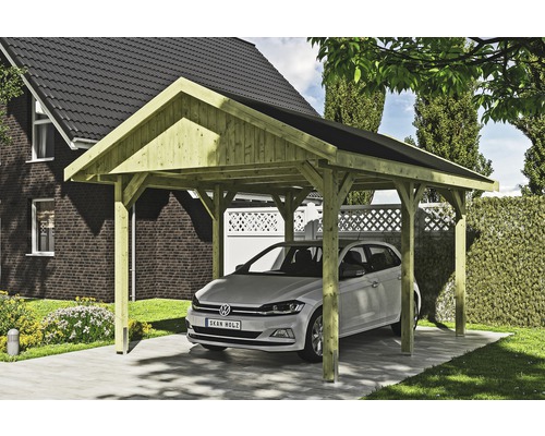 Přístřešek na auto SKAN HOLZ Wallgau 380 x 500 cm impregnovaný vč. šindelů Dřevěný přístřešek pro auto s autem na zahradě