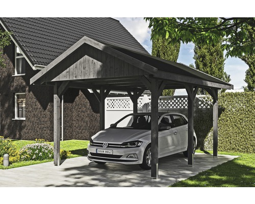 Přístřešek na auto SKAN HOLZ Wallgau 380 x 500 cm břidlicově šedý vč. šindelů Dřevěný přístřešek pro auto s autem na zahradě