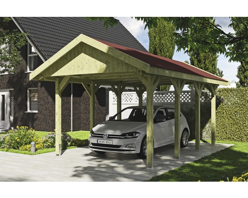 Přístřešek na auto SKAN HOLZ Wallgau 380 x 600 cm impregnovaný vč. šindelů Dřevěný přístřešek pro auto s červenou střechou a autem