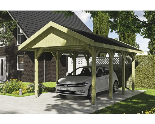 Přístřešek na auto SKAN HOLZ Wallgau 380 x 600 cm impregnovaný vč. šindelů Dřevěný přístřešek pro auto s autem před domem