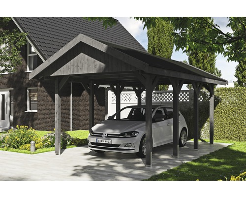 Přístřešek na auto SKAN HOLZ Wallgau 380 x 600 cm břidlicově šedý vč. šindelů Dřevěný carport s autem v zahradě
