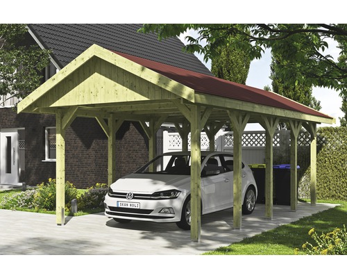 Přístřešek na auto SKAN HOLZ Wallgau 380 x 750 cm impregnovaný vč. šindelů Dřevěný přístřešek pro auto s autem a popelnicemi