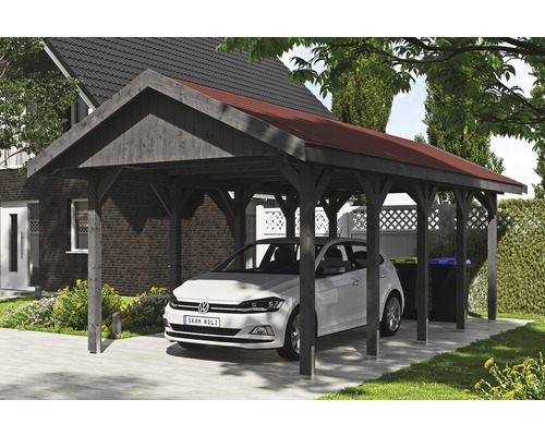 Přístřešek na auto SKAN HOLZ Wallgau 380 x 750 cm břidlicově šedý vč. šindelů Dřevěný přístřešek pro auto s červenou střechou a zaparkovaným autem