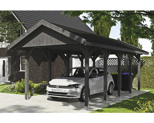 Přístřešek na auto SKAN HOLZ Wallgau 380 x 750 cm břidlicově šedý vč. šindelů Dřevěný přístřešek pro auto s autem před ním