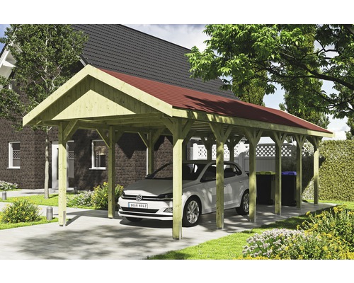 Přístřešek na auto SKAN HOLZ Wallgau 380 x 900 cm impregnovaný vč. šindelů Dřevěný přístřešek pro auto s červenou střechou a parkujícím autem