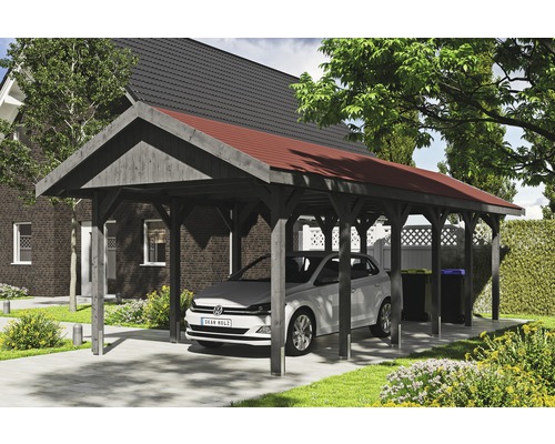 Přístřešek na auto SKAN HOLZ Wallgau 380 x 900 cm břidlicově šedý vč. šindelů Dřevěný carport s autem na pozemku