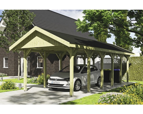 Přístřešek na auto SKAN HOLZ Wallgau 380 x 900 cm impregnovaný vč. šindelů Kryté parkovací stání ze dřeva s autem na pozemku.