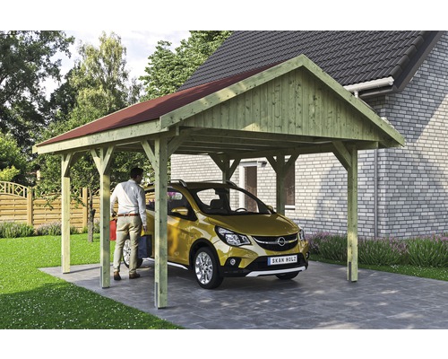 Přístřešek na auto SKAN HOLZ Wallgau 430 x 500 cm impregnovaný vč. šindelů Dřevěný přístřešek pro auto s autem a osobou