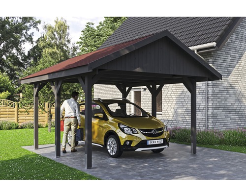 Přístřešek na auto SKAN HOLZ Wallgau 430 x 500 cm břidlicově šedý vč. šindelů Dřevěný přístřešek pro auto s autem a osobou