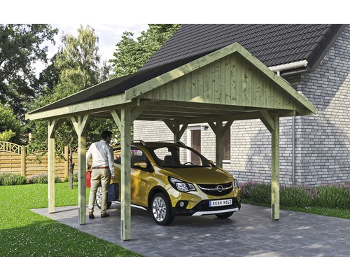 Přístřešek na auto SKAN HOLZ Wallgau 430 x 500 cm impregnovaný vč. šindelů Dřevěný přístřešek pro auto s autem na parkovacím místě