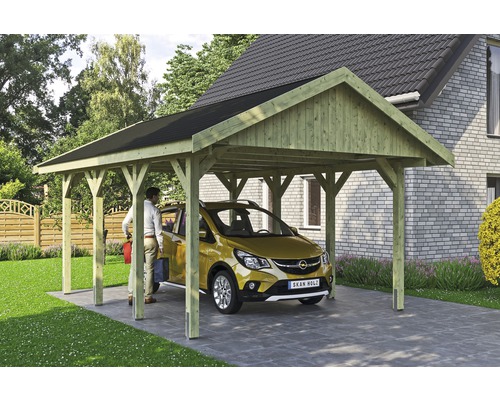 Přístřešek na auto SKAN HOLZ Wallgau 430 x 600 cm impregnovaný vč. šindelů Dřevěný carport s mužem a autem