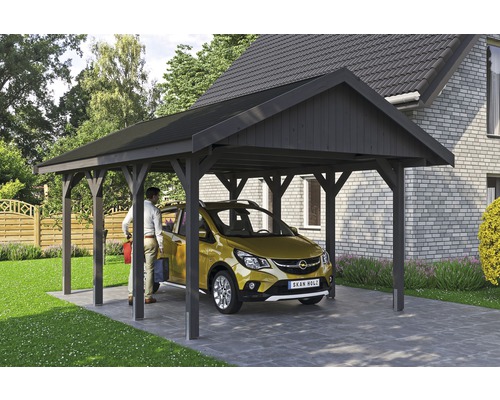 Přístřešek na auto SKAN HOLZ Wallgau 430 x 600 cm břidlicově šedý vč. šindelů Dřevěný přístřešek pro auto s autem a osobou
