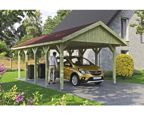 Přístřešek na auto SKAN HOLZ Wallgau 430 x 750 cm impregnovaný vč. šindelů Dřevěný přístřešek pro auto s červenou střechou a automobilem