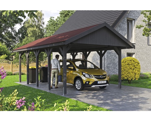 Přístřešek na auto SKAN HOLZ Wallgau 430 x 750 cm břidlicově šedý vč. šindelů Dřevěný přístřešek pro auto s autem a osobou na zahradě
