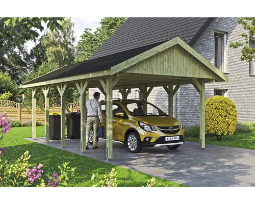 Přístřešek na auto SKAN HOLZ Wallgau 430 x 750 cm impregnovaný vč. šindelů Dřevěný přístřešek pro auto s autem na dlážděném příjezdu před domem