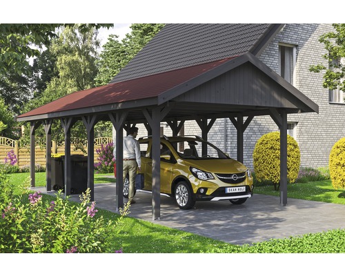 Přístřešek na auto SKAN HOLZ Wallgau 430 x 900 cm břidlicově šedý vč. šindelů Dřevěný přístřešek pro auto s autem a osobou na zahradě