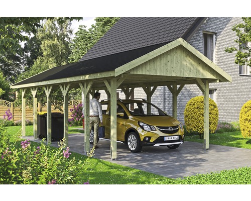 Přístřešek na auto SKAN HOLZ Wallgau 430 x 900 cm impregnovaný vč. šindelů Dřevěný přístřešek pro auto s autem a osobou