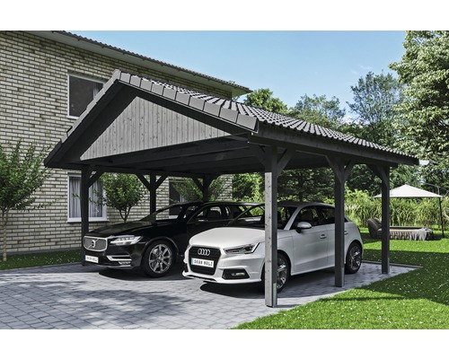 Přístřešek na auto SKAN HOLZ Wallgau dvojitý 620 x 500 cm břidlicově šedý Dvojitý dřevěný přístřešek pro auto se dvěma zaparkovanými auty