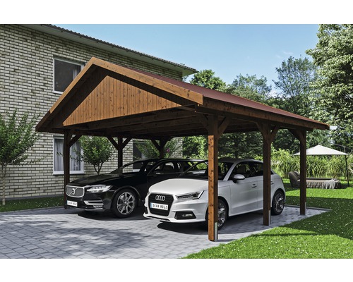 Přístřešek na auto SKAN HOLZ Wallgau dvojitý 620 x 500 cm ořech vč. šindelů Dvojitý dřevěný přístřešek pro auto se dvěma zaparkovanými auty