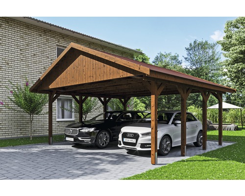 Přístřešek na auto SKAN HOLZ Wallgau dvojitý 620 x 600 cm ořech vč. šindelů Dvojitý dřevěný přístřešek pro auto se dvěma zaparkovanými auty