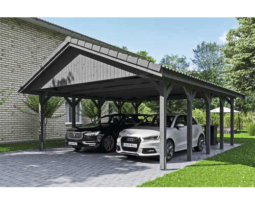 Přístřešek na auto SKAN HOLZ Wallgau dvojitý 620 x 750 cm břidlicově šedý Dřevěný dvojitý přístřešek pro auto se dvěma parkujícími auty