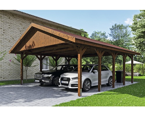 Přístřešek na auto SKAN HOLZ Wallgau dvojitý 620 x 750 cm ořech vč. šindelů Dvojitý dřevěný přístřešek pro auto se dvěma auty