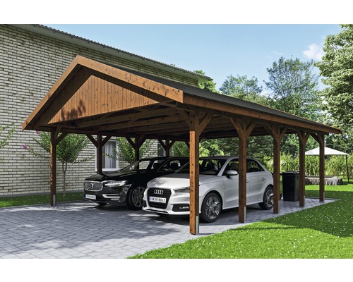 Přístřešek na auto SKAN HOLZ Wallgau dvojitý 620 x 750 cm ořech vč. šindelů Dřevěný přístřešek pro auto se dvěma parkujícími auty