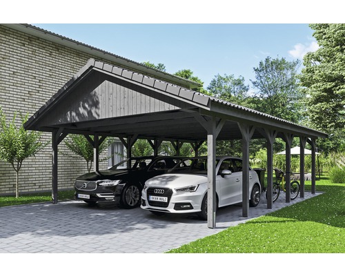 Přístřešek na auto SKAN HOLZ Wallgau dvojitý 620 x 900 cm břidlicově šedý Dvojitý dřevěný přístřešek pro auto se dvěma zaparkovanými auty