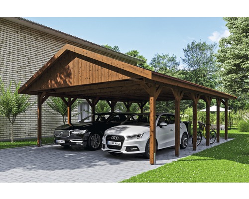 Přístřešek na auto SKAN HOLZ Wallgau dvojitý 620 x 900 cm ořech vč. šindelů Dvojitý dřevěný přístřešek pro auto se dvěma zaparkovanými auty