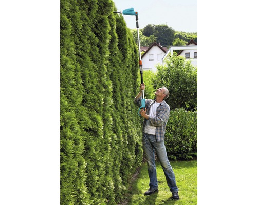 Muž stříhá vysoký živý plot akumulátorovými nůžkami na živý plot s teleskopickou tyčí