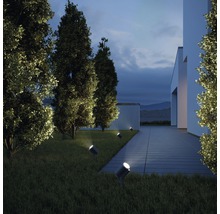 Exteriér moderního domu s trávníkem a stromy osvětlenými několika reflektory.