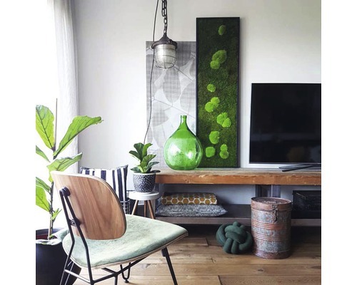 Obývací pokoj s dřevěným nábytkem, zelenou dekorací a pokojovými rostlinami pro přírodní atmosféru