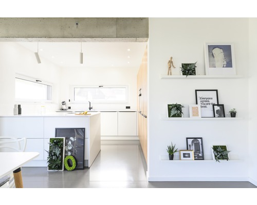 Světlá místnost s kuchyní, policemi a dekoracemi